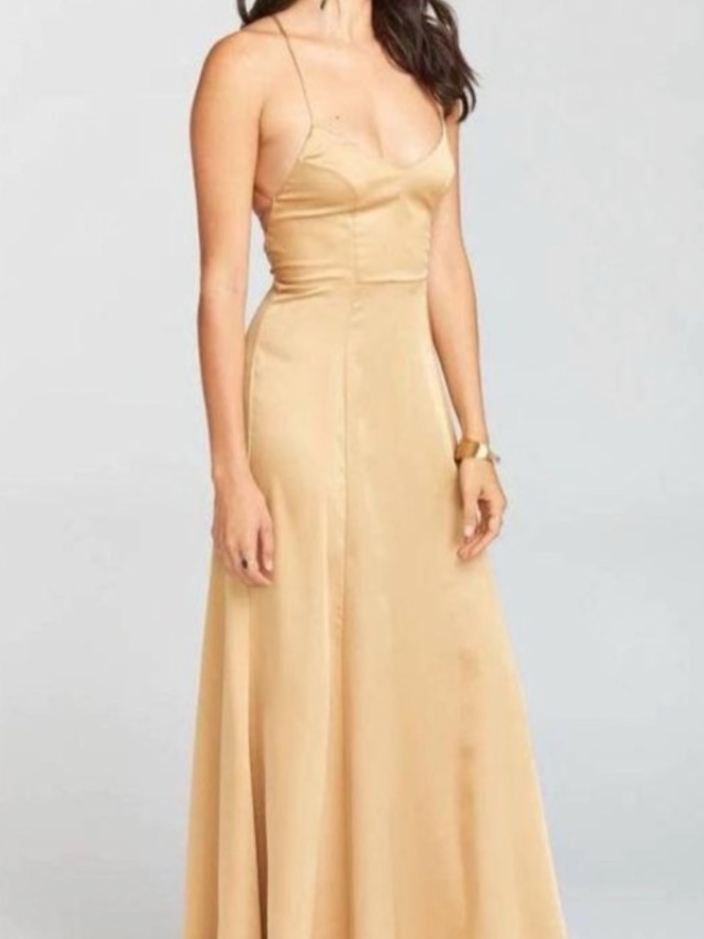 NWT Show Me Your Mumu Godshaw Goddess Gown XS True Gold Luxe Satin